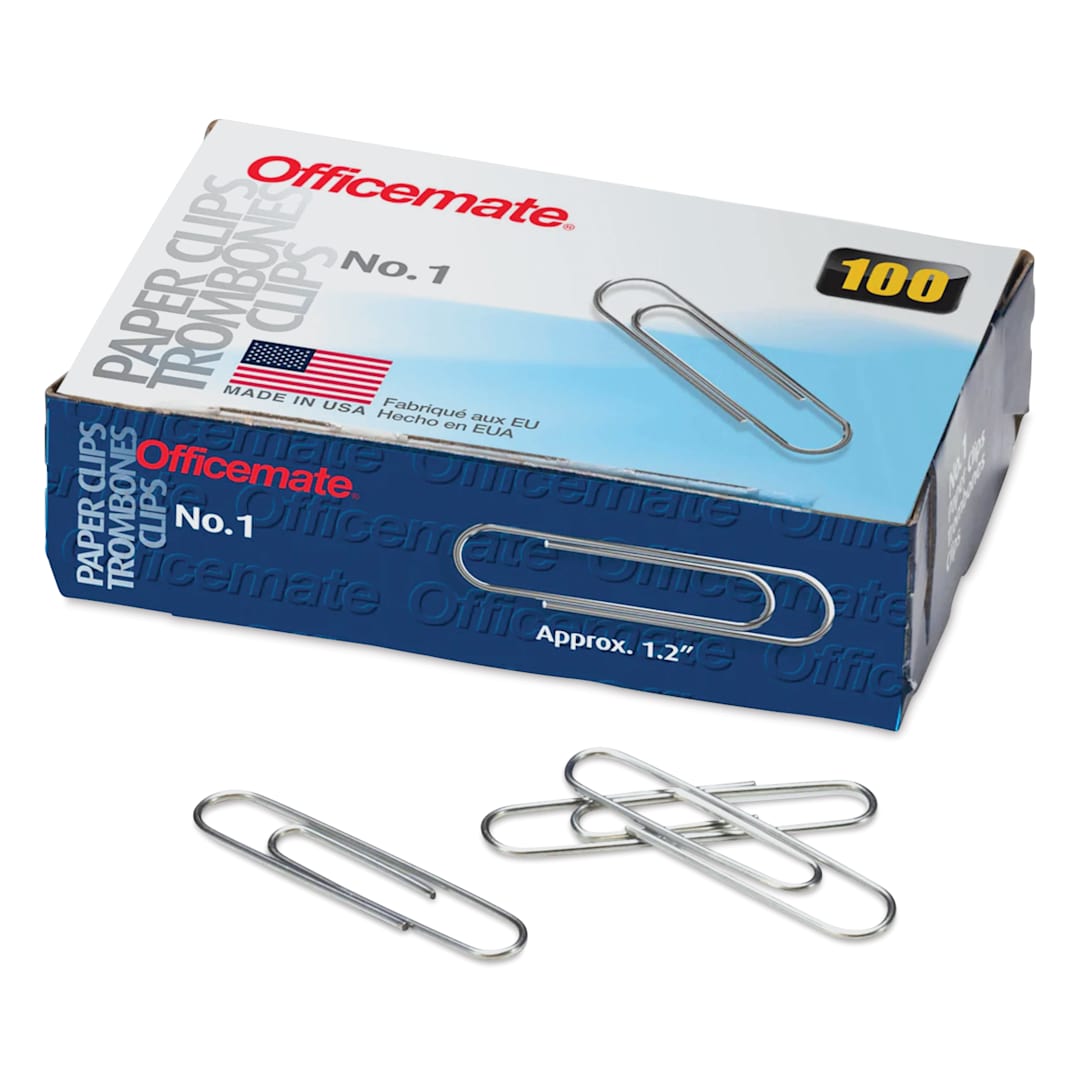 Open in modal - Officemate Paper Clips - Pkg of 100, Silver, No. 1 Paper Clips packaging with clips