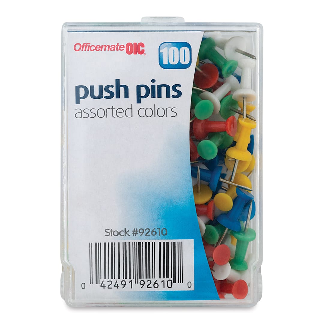Open in modal - Officemate Push Pins - Front of blister pack of multi-colored push pins