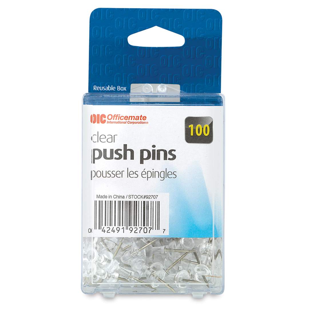 Open in modal - Officemate Push Pins - Front of blister package of Clear Push pins