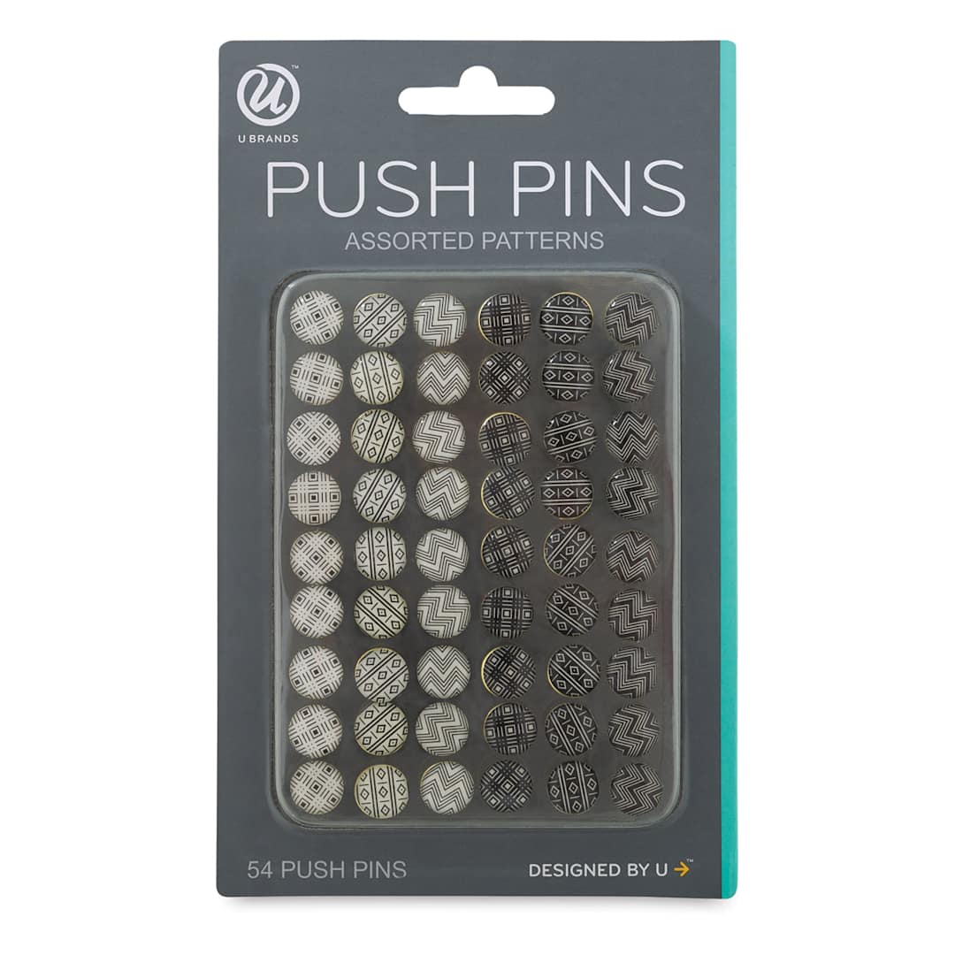 Open in modal - U Brands Push Pins - Black & White Patterns, Pkg of 54 front of packaging