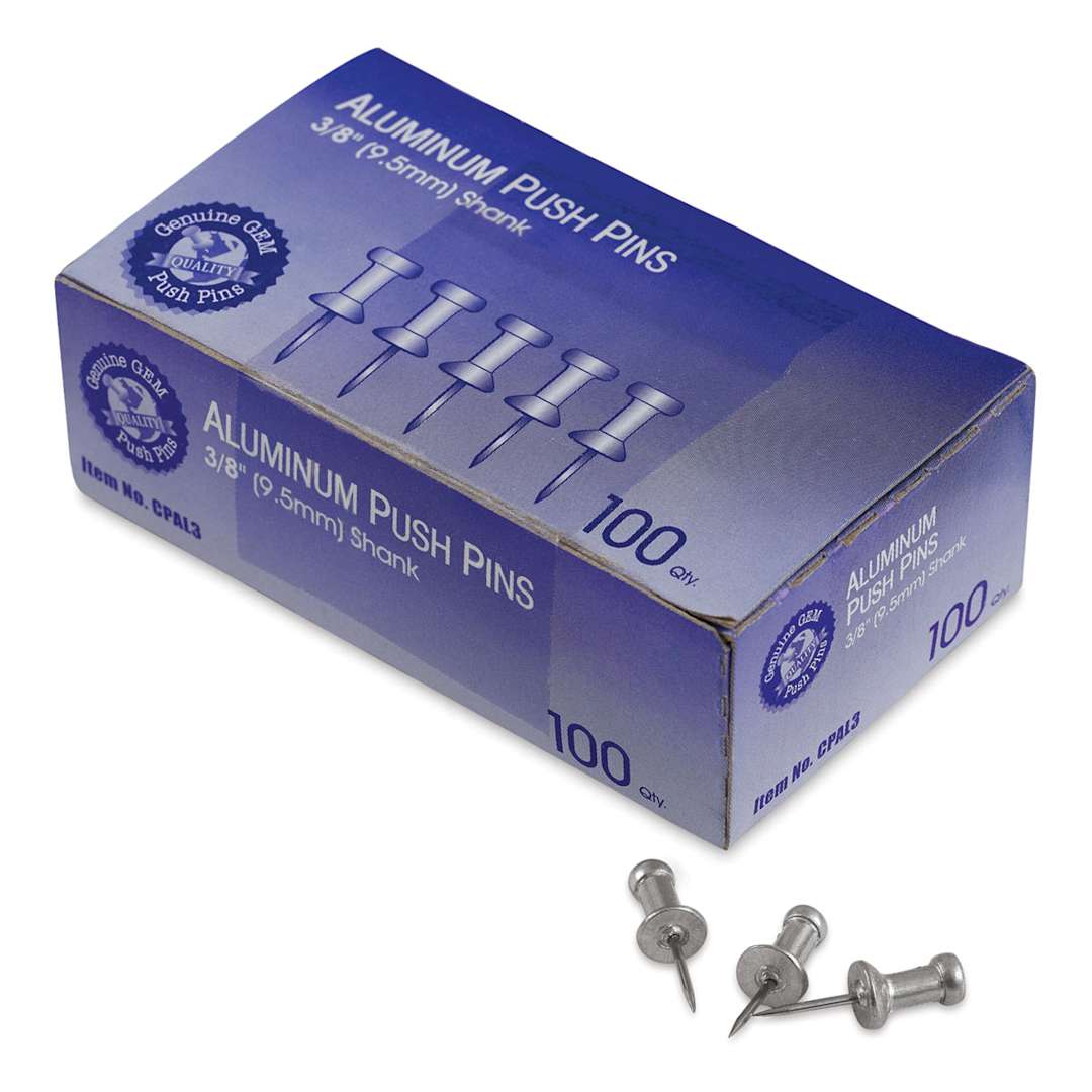 Open in modal - Advantus GEM Aluminum Push Pins - Closed box of 3/8" Push Pins with 3 loose