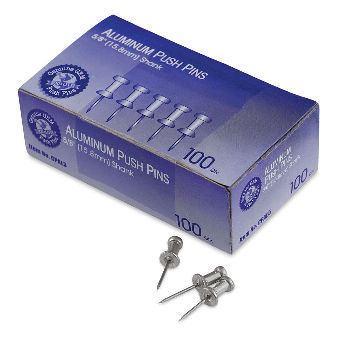 Open in modal - Advantus GEM Aluminum Push Pins - Closed box of 5/8" Push Pins with 3 loose