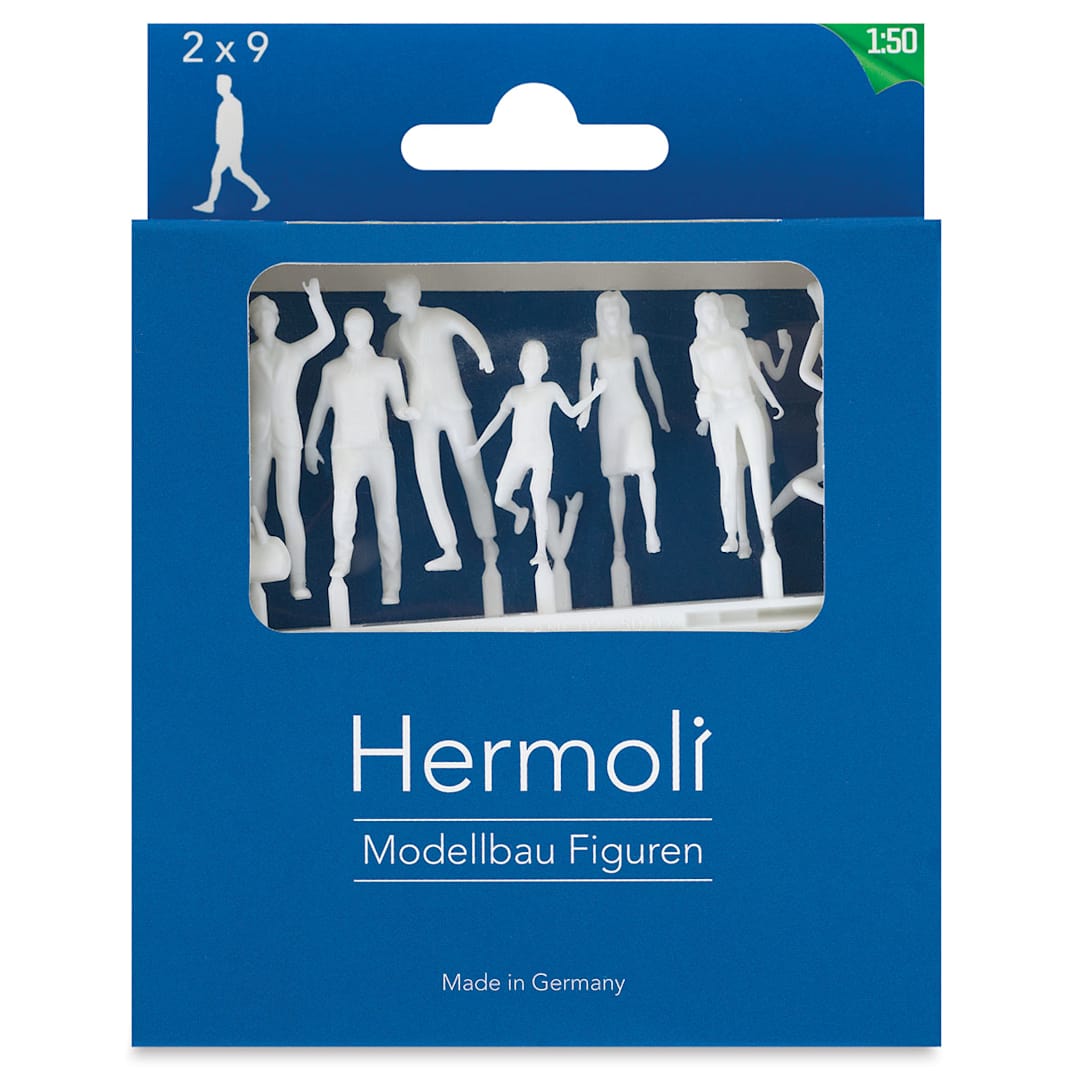 Open in modal - Schulcz Scale Model Figures - Hermoli Walking, Pkg of 18, 1:50, 1/4" (front of box)