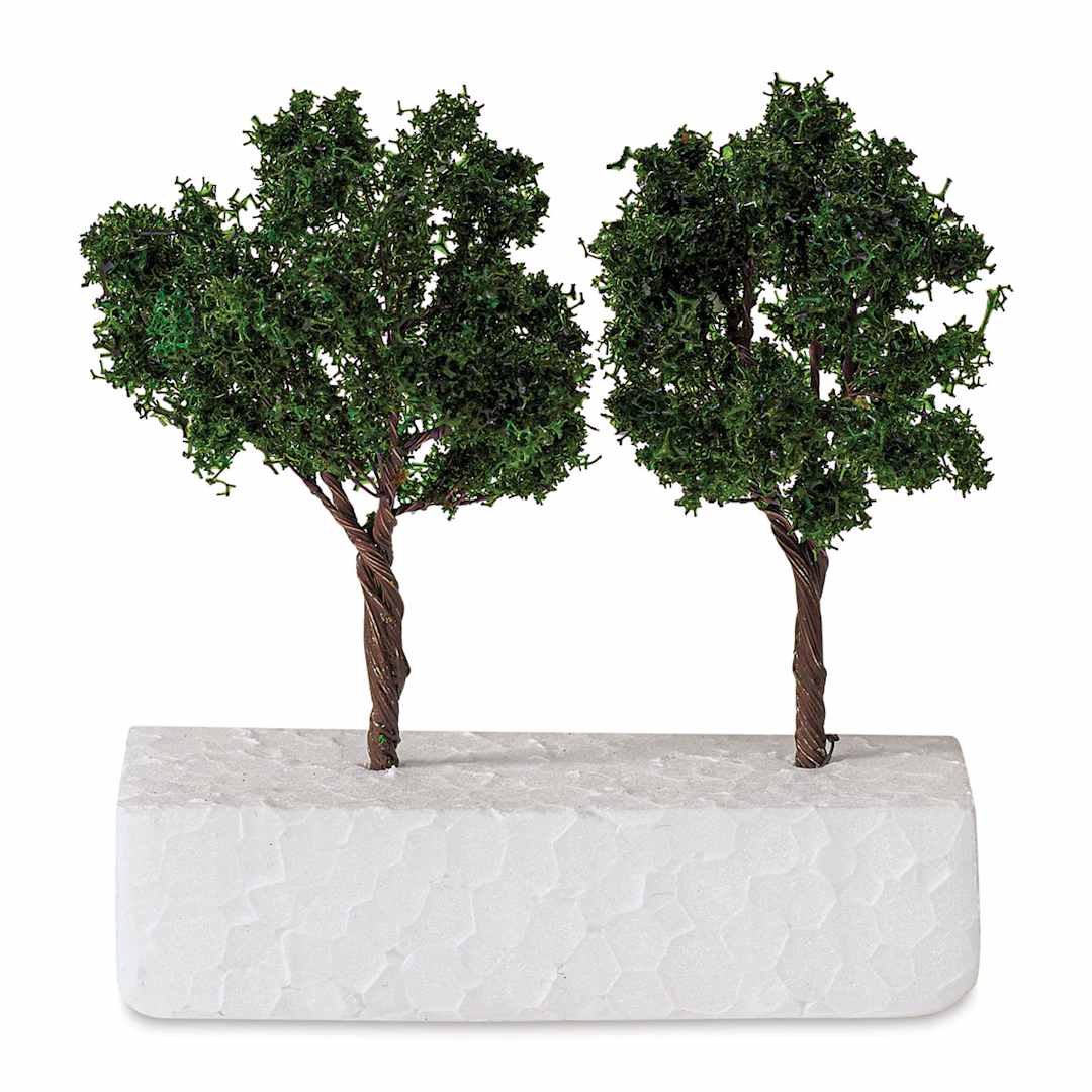 Open in modal - Schulcz Scale Model Trees - Leafy Tree, Dark Green, Metal Trunk, 70 mm, Pkg of 2