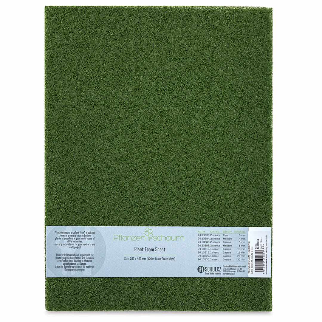Open in modal - Schulcz Scale Model Plant Foam - Floral Green, Pkg of 2, Fine, 3 mm, 11-3/4" x 15-3/4" (front of package)