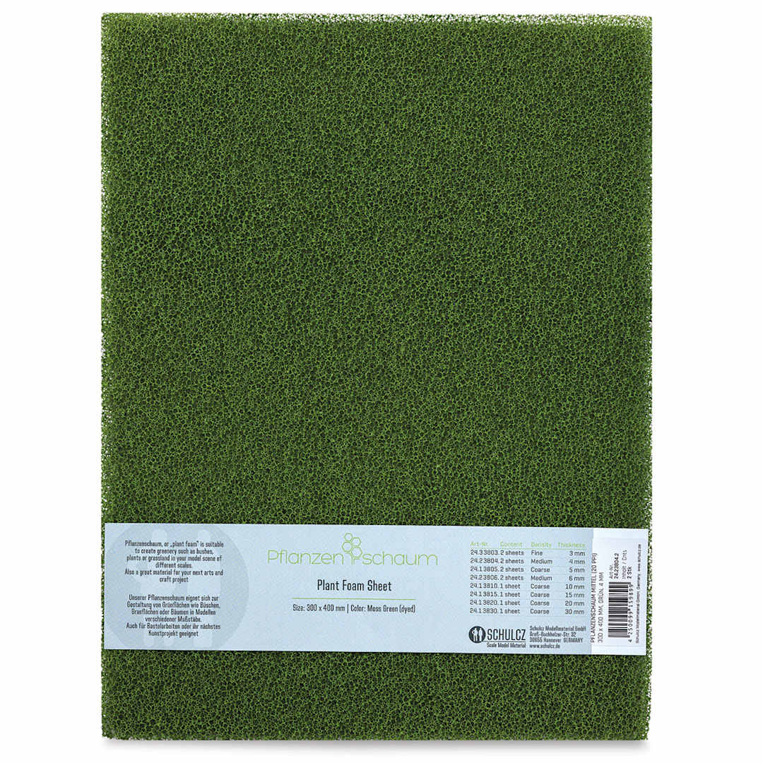 Open in modal - Schulcz Scale Model Plant Foam - Floral Green, Pkg of 2, Medium, 4 mm, 11-3/4" x 15-3/4" (front of package)