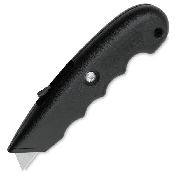 Open in modal - Plastic Retractable Utility Knife - pointed downward with blade extended