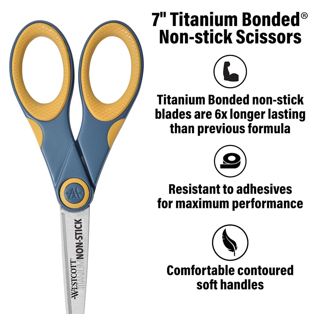 Open in modal - Westcott Bonded Scissors - 7", Gray/Yellow, Straight, Non-Stick Titanium