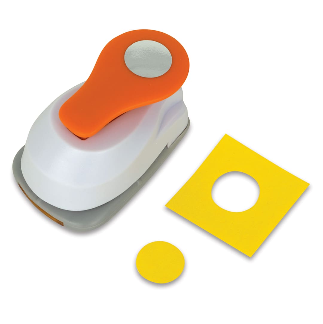 Open in modal - Fiskars Lever Punches - Punch shown next to small yellow circle and paper