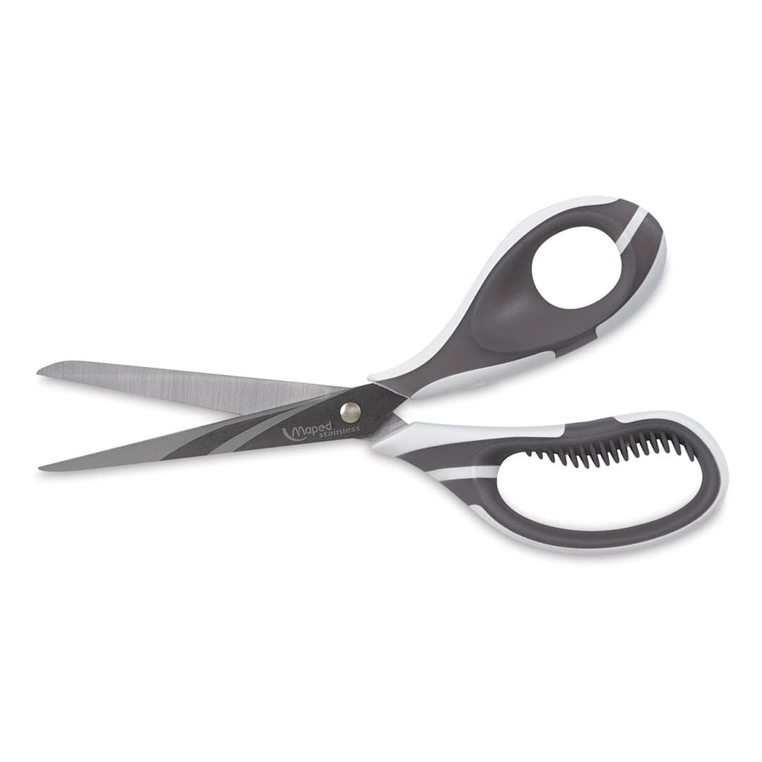Open in modal - Maped Zenoa Fit Multi-Purpose Scissors - Side view of 8 1/4 inch scissors slightly open
