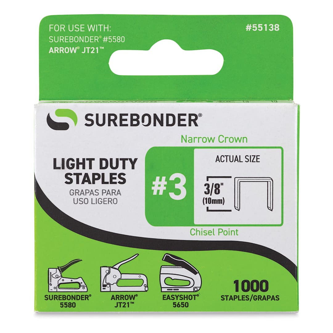 Open in modal - Surebonder Light Duty Staples - Front of package of 1000 3/8 inch staples