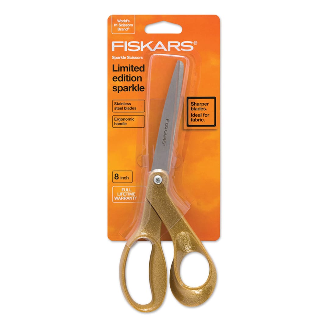 Open in modal - Fiskars Sparkle Scissors - Front view of Blister package for Gold colored Scissors
