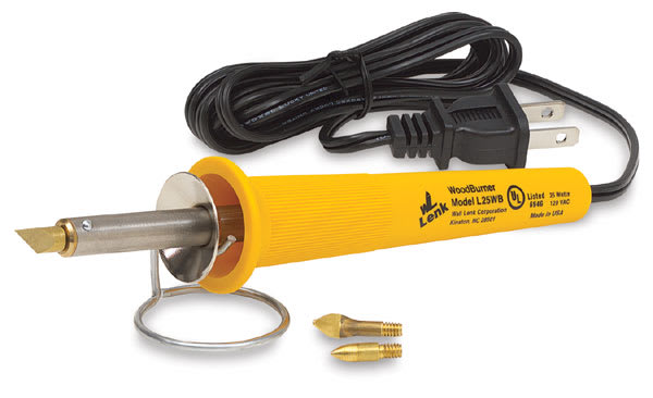 Open in modal - Wall Lenk Creative Woodburning Pen - Side view of pen on stand with two extra included tips
