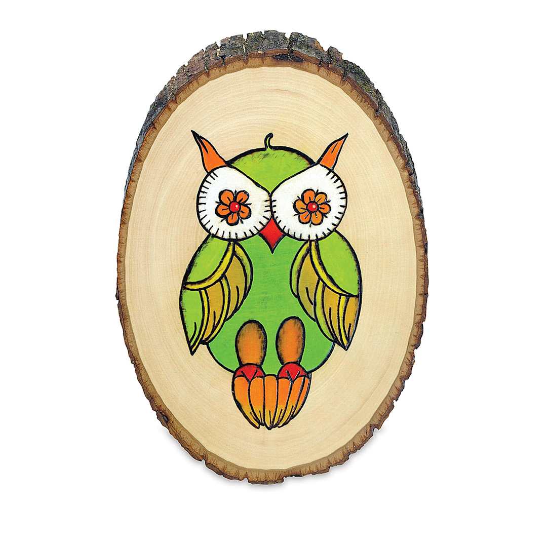 Open in modal - Walnut Hollow Basswood Shapes - Oval slice of Basswood with decorative Green Cartoon Owl painted