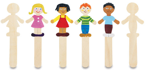 Open in modal - Wood Craft People Shapes - Six Stick Shapes shown, four decorated