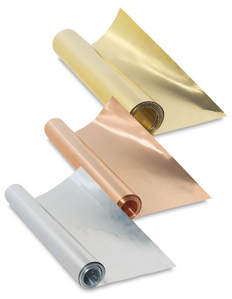 Open in modal - Pure Metal Tooling Foil - Aluminum, Copper, and Brass foils shown partially unrolled