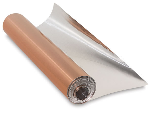 Open in modal - Two-Tone Tooling Foil - Partially unrolled Coppertone roll, showing Aluminum interior side