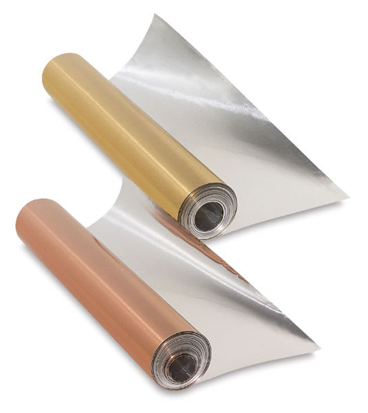 Open in modal - Two-Tone Tooling Foil - Partially unrolled Coppertone and Goldtone foil rolls shown