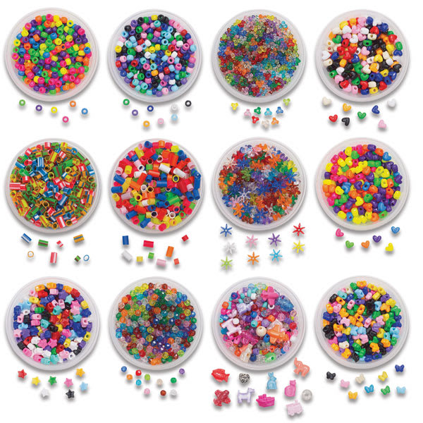 Open in modal - Hygloss Beads Treasure Box - Several beads scattered next to 12 assorted color buckets 