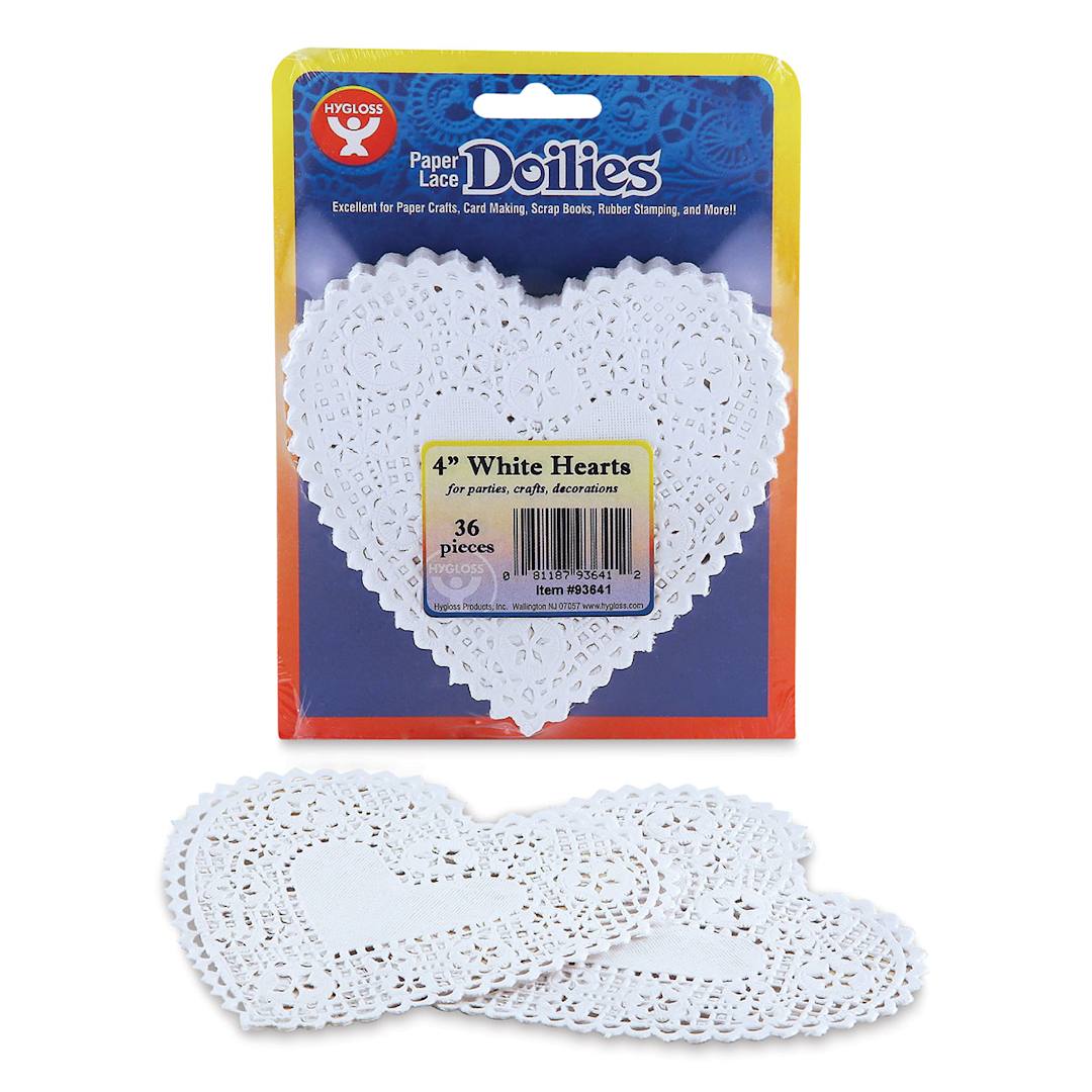 Open in modal - Hygloss Paper Doilies - White, Heart, 4", Pkg of 36