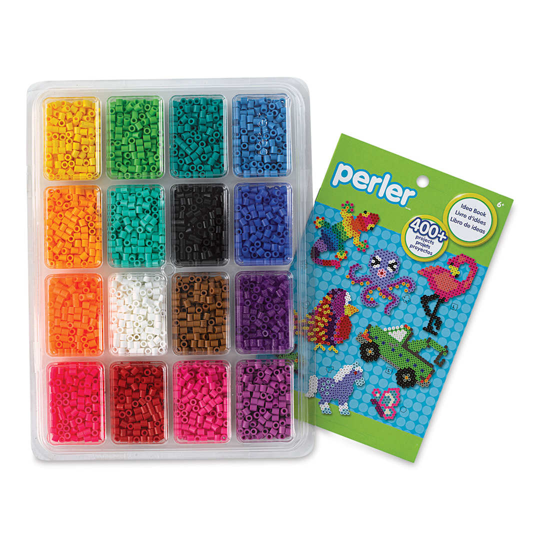 Open in modal - Perler Bead Tray - Assorted Colors, Pkg of 4000, next to idea booklet