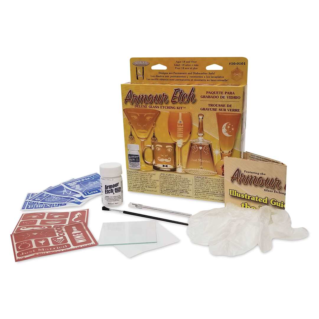 Open in modal - Armour Etch Deluxe Glass Etching Kit (Kit contents shown with packaging)