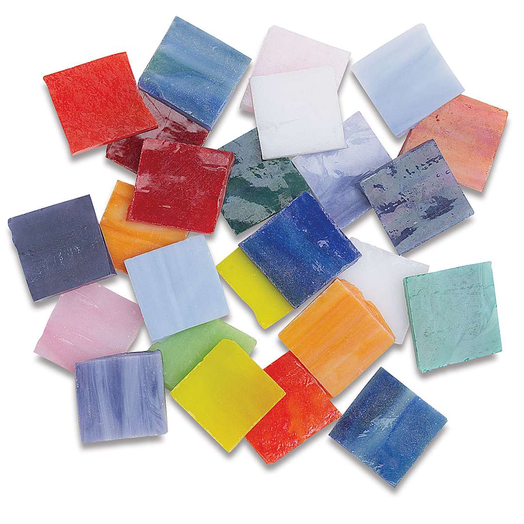 Open in modal - Jennifer’s Mosaics Opalescent Stained Glass Tiles - Top view of assorted scattered tiles