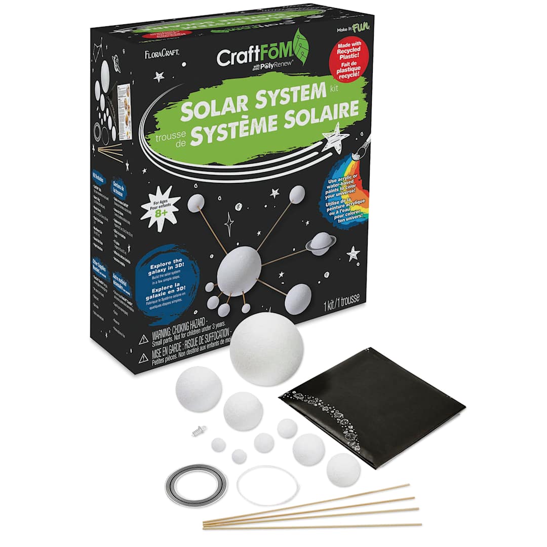 Open in modal - FloraCraft CraftFōM Solar System Kit - Hanging 3D Model - Front of Box and Contents