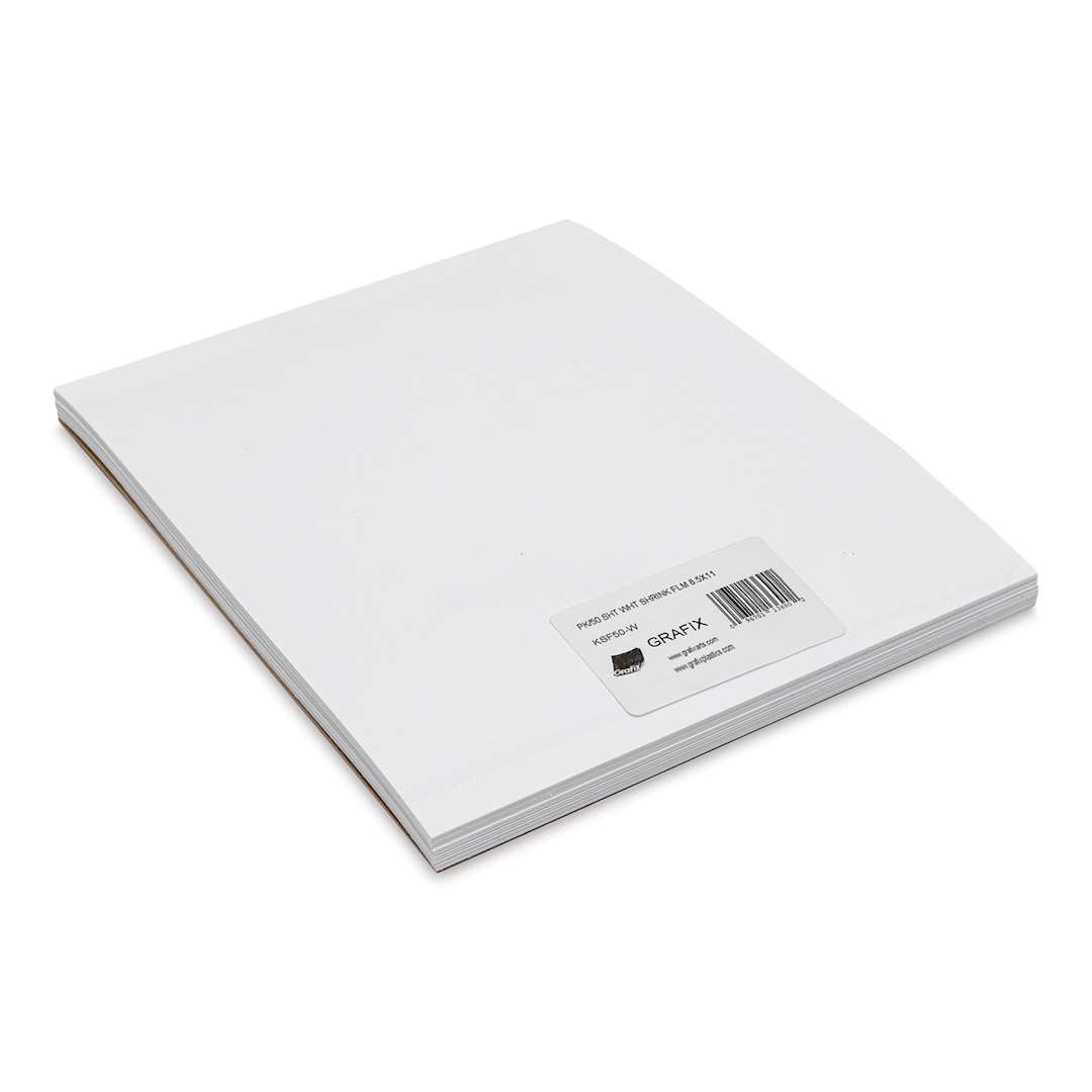 Open in modal - Grafix Shrink Film - 8.5" x 11", Shrink Film, White, 50 Sheets front of packaging, angled view