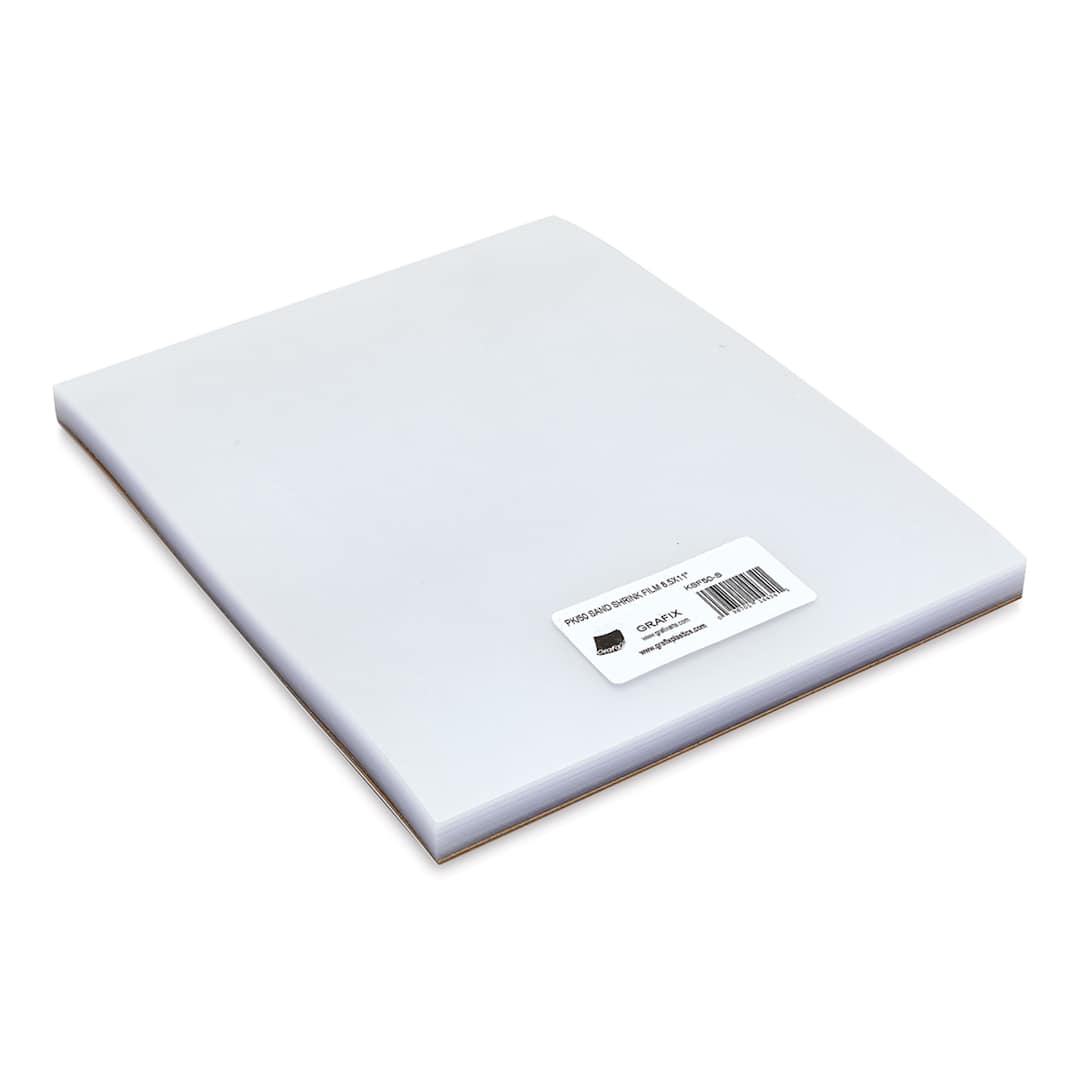 Open in modal - Grafix Shrink Film - 8.5" x 11", Sanded Shrink Film, Clear, 50 Sheets front of packaging, angled view