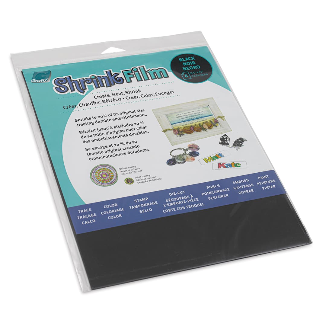 Open in modal - Grafix Shrink Film - 8.5" x 11", Shrink Film, Black, 6 Sheets front of packaging, angled view