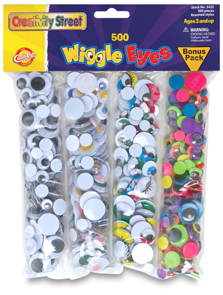 Open in modal - Creativity Street Wiggle Eyes 500 Piece Pack - Package showing 4 types of Eyes included