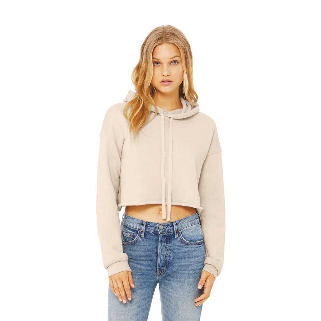Open in modal - Bella + Canvas Cropped Fleece Hoodie - Heather Dust, Size X-Large, model wearing hoodie