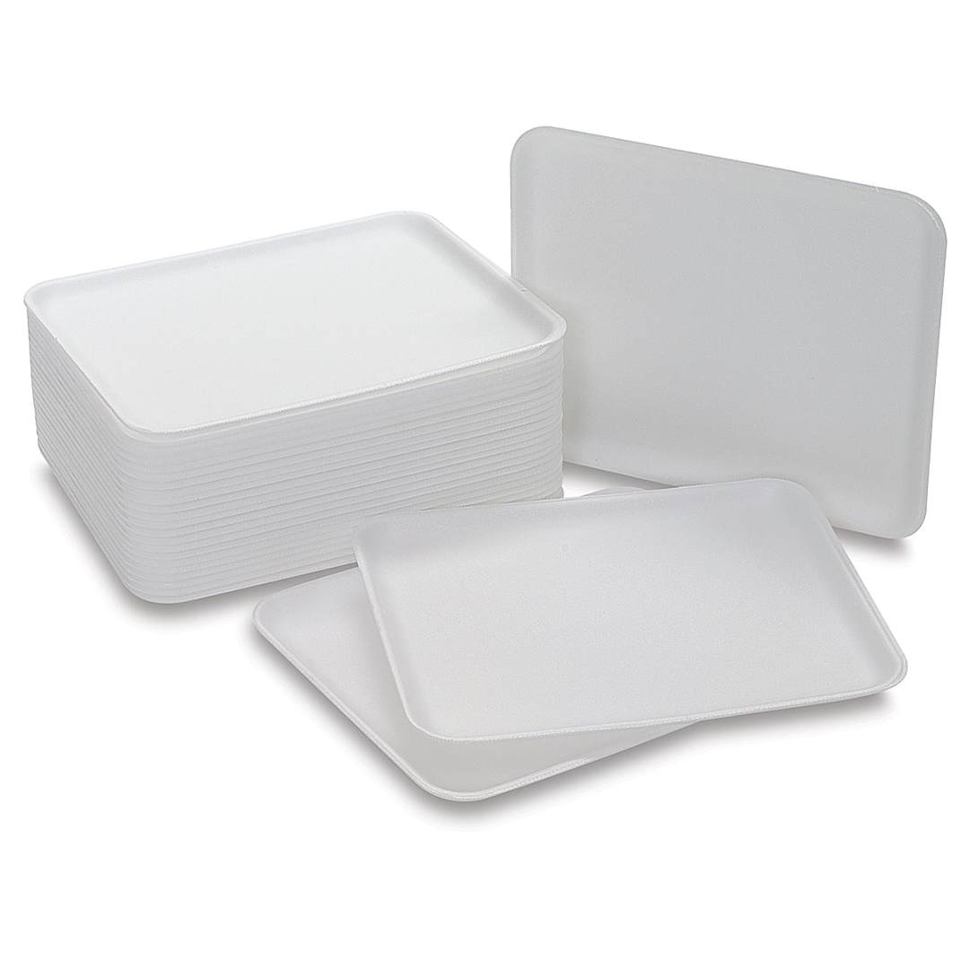 Open in modal - Hygloss Craft Trays - Package of 25 styrofoam trays shown in stack with one standing