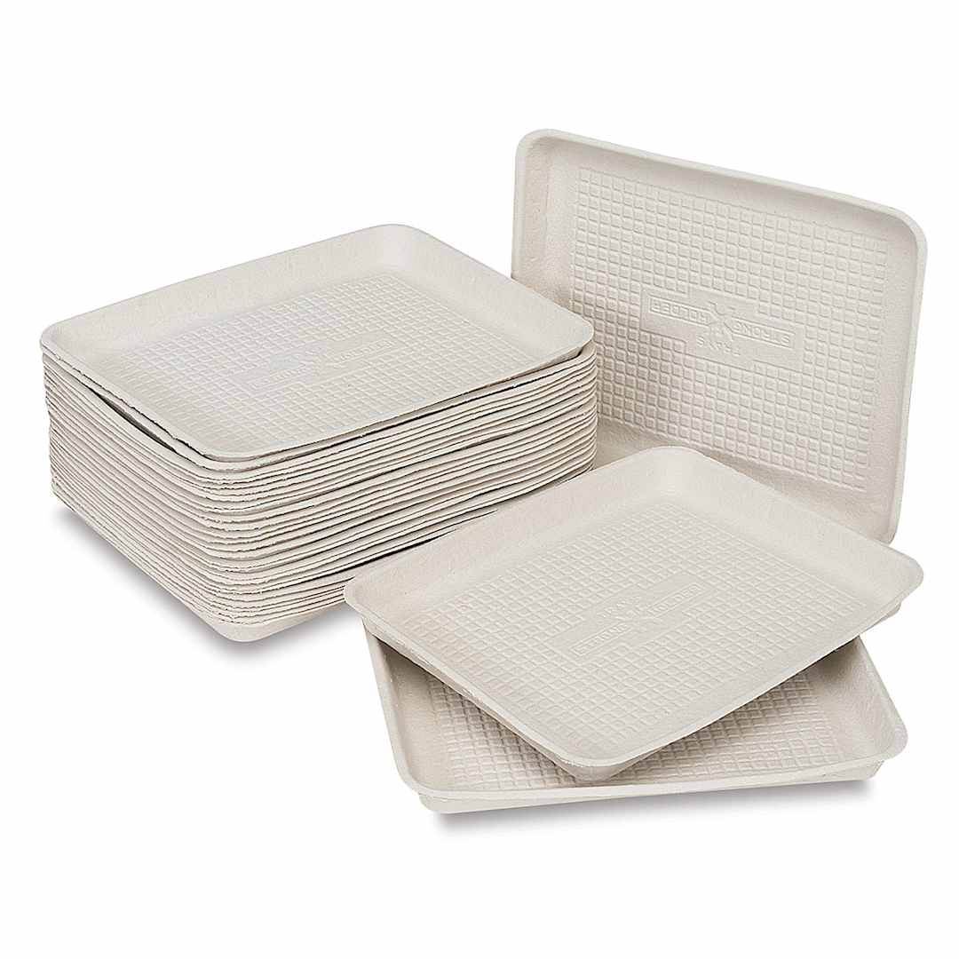 Open in modal - Hygloss Craft Trays - Package of 25 pulp trays shown in stack with one standing