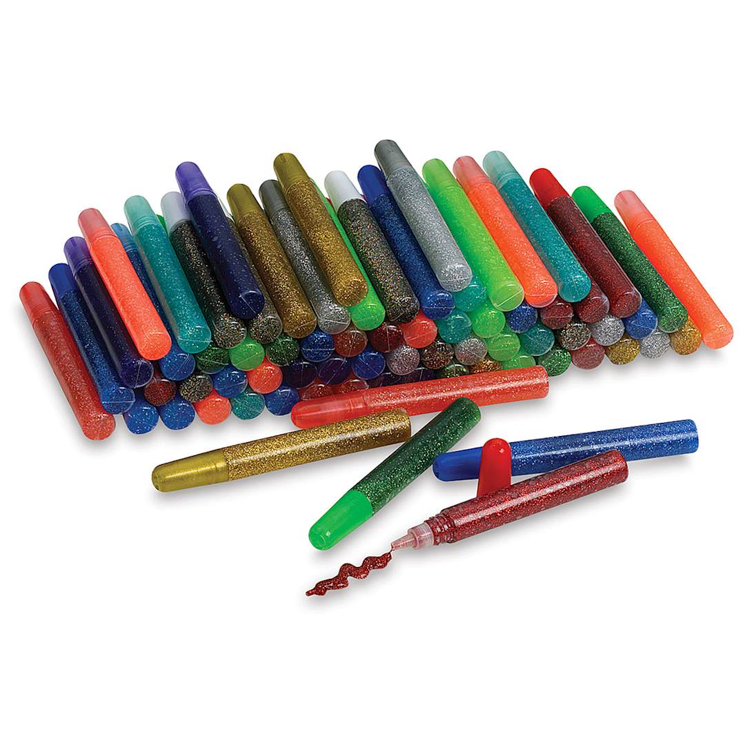 Open in modal - Glitter Glue Pens Class Pack - 72 assorted color Glue pens shown with one Red pen open