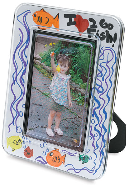 Open in modal - Do-it-Yourself Photo Frame - Angled view of Frame decorated with Child's art
