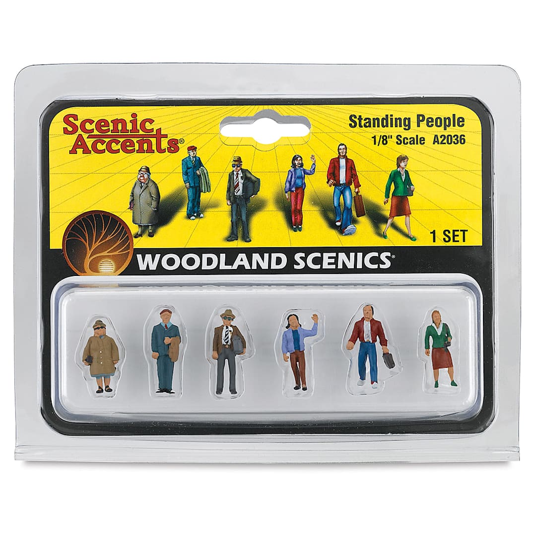 Open in modal - Woodland Scenics Model Scenery - Front of package of 6 Standing Figures in 1/8th scale