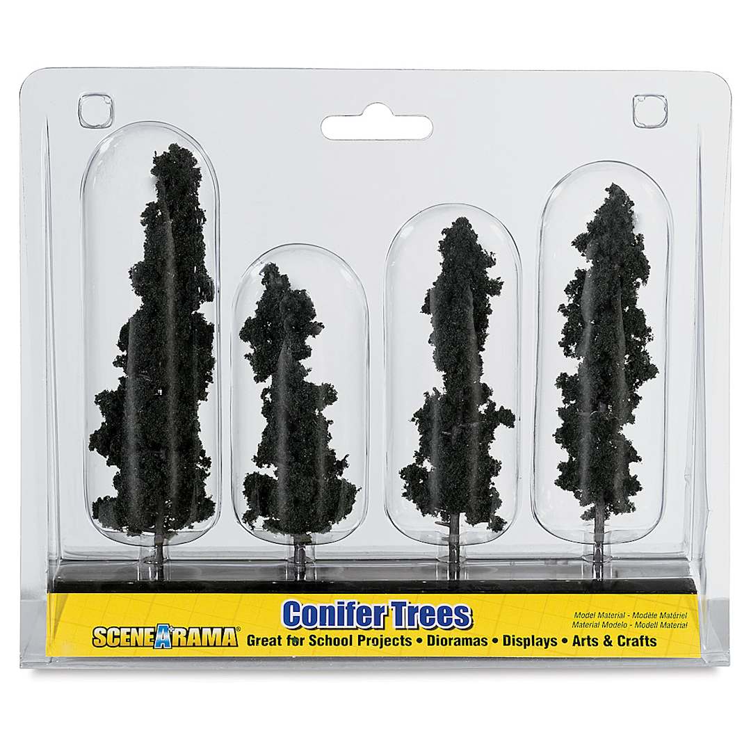 Open in modal - Woodland Scenics Model Scenery - Front view of package of 4 Conifer Trees