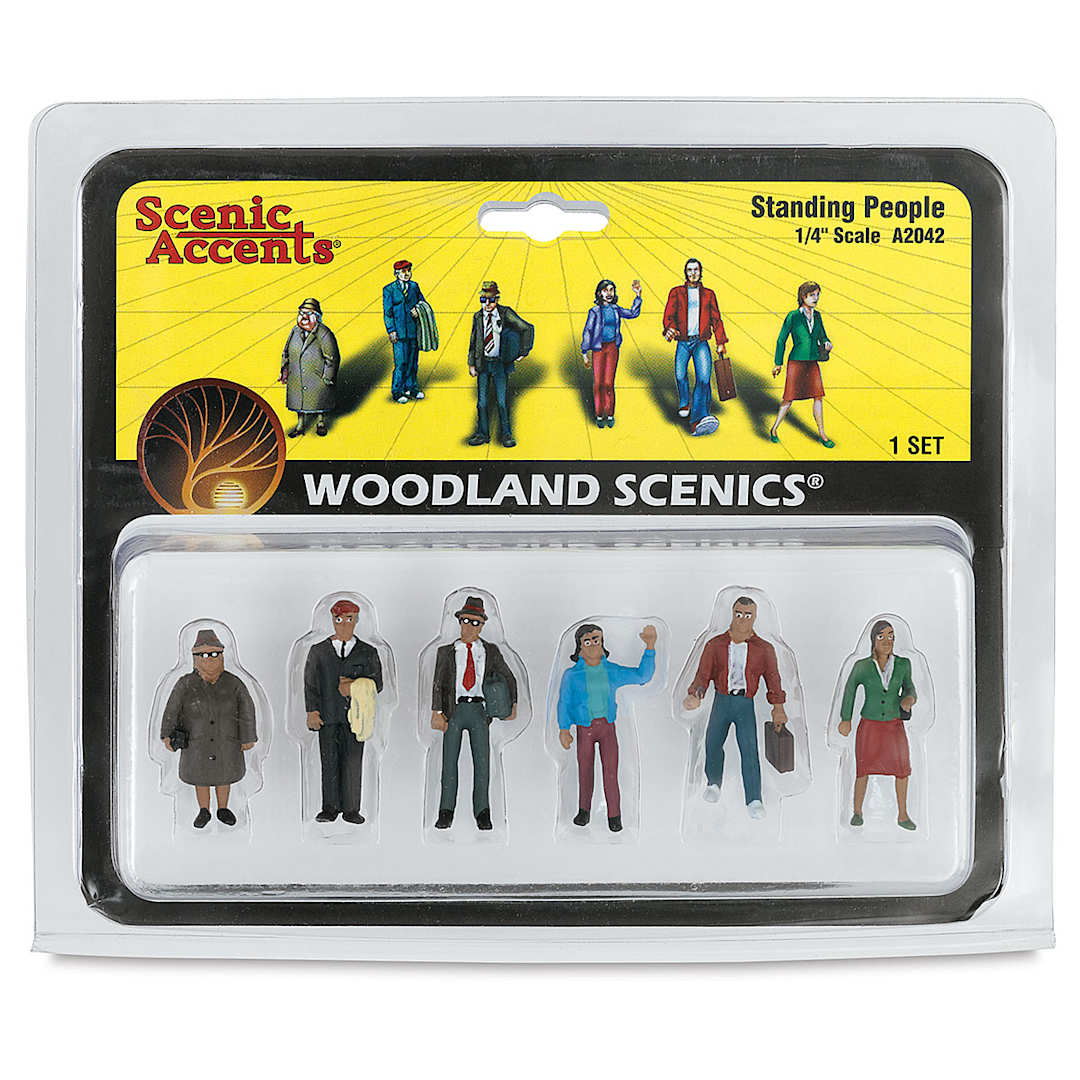 Open in modal - Woodland Scenics Model Scenery - Front of package of 6 Standing Figures in 1/4th scale