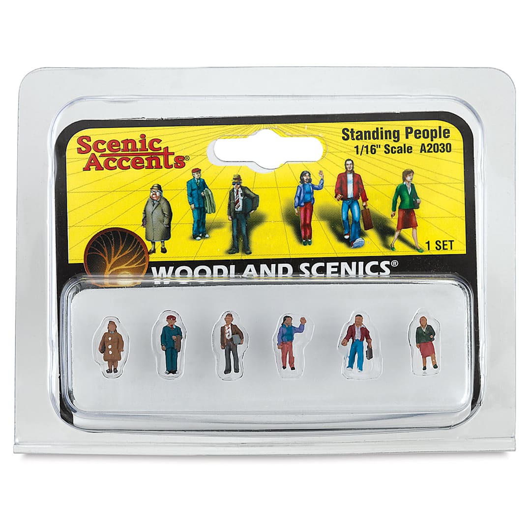 Open in modal - Woodland Scenics Model Scenery - Front of package of 6 Standing Figures in 1/16th scale
