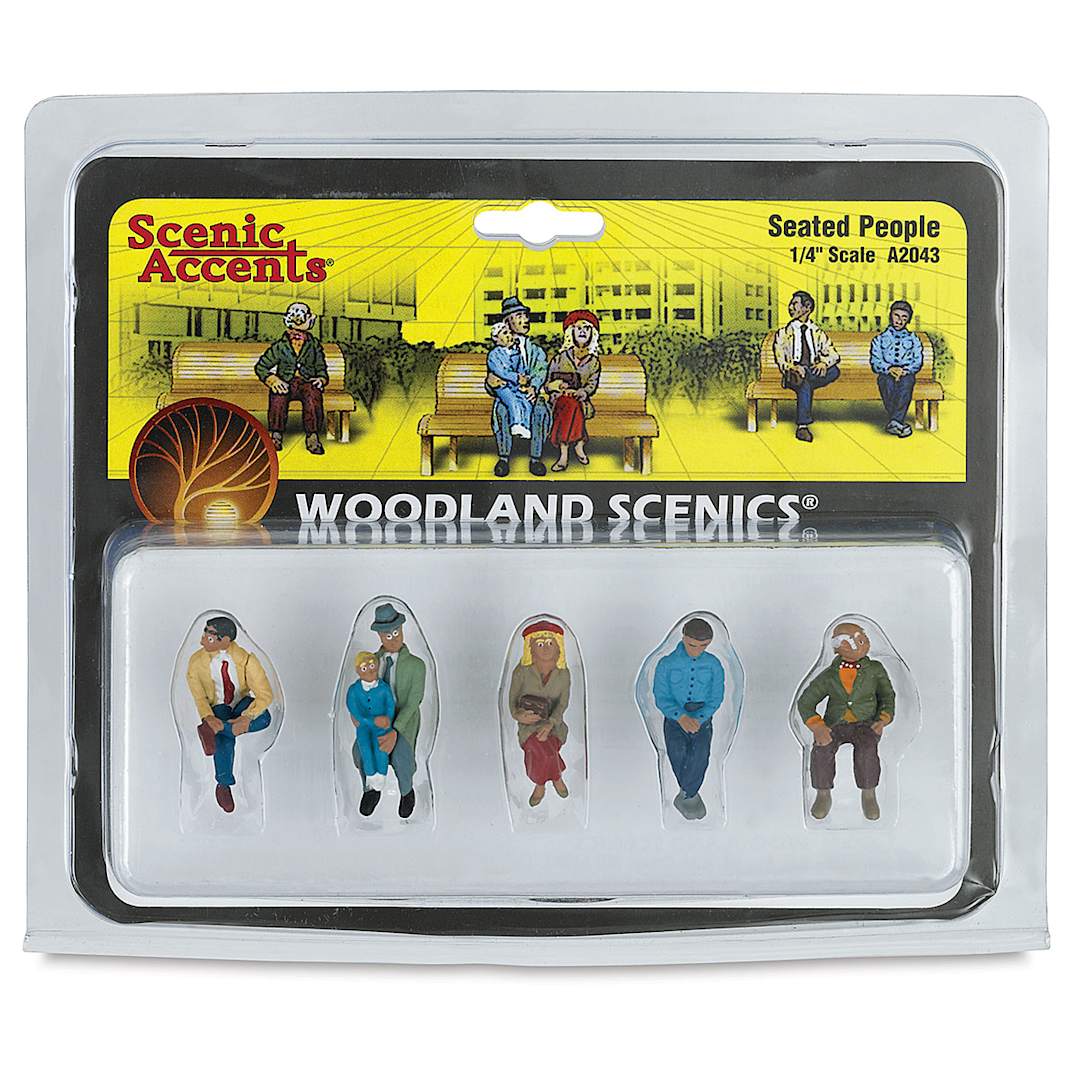 Open in modal - Woodland Scenics Model Scenery - Front of package of 5 Seated Figures in 1/4th scale
