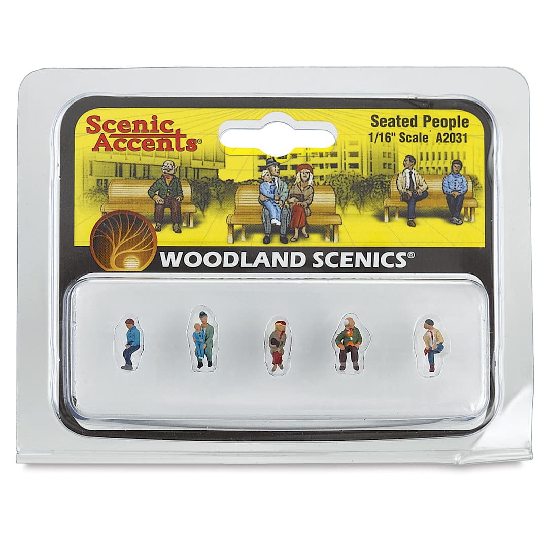 Open in modal - Woodland Scenics Model Scenery - Front of package of 5 Seated Figures in 1/16th scale
