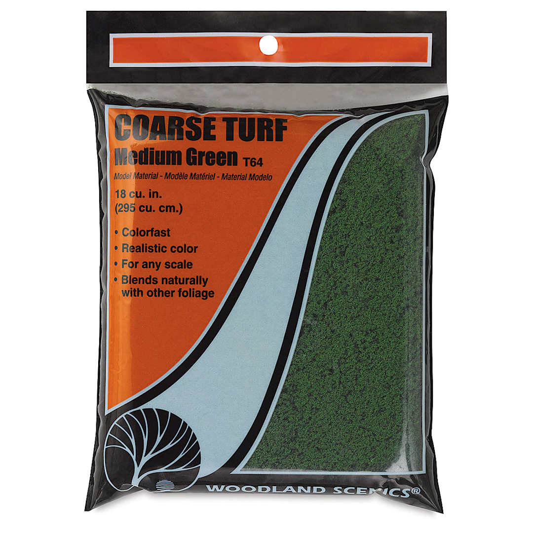Open in modal - Woodland Scenics Model Scenery - Front of package of Coarse Turf in Medium Green