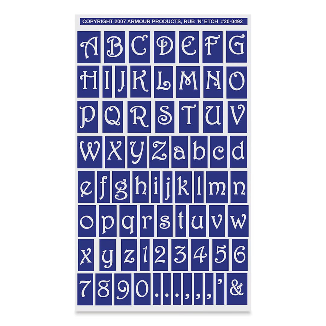 Open in modal - Armour Rub ‘N’ Etch Glass Etching Stencil  - Gala Style Full Alphabet and Numbers, 8"H x 5"W Sheet
