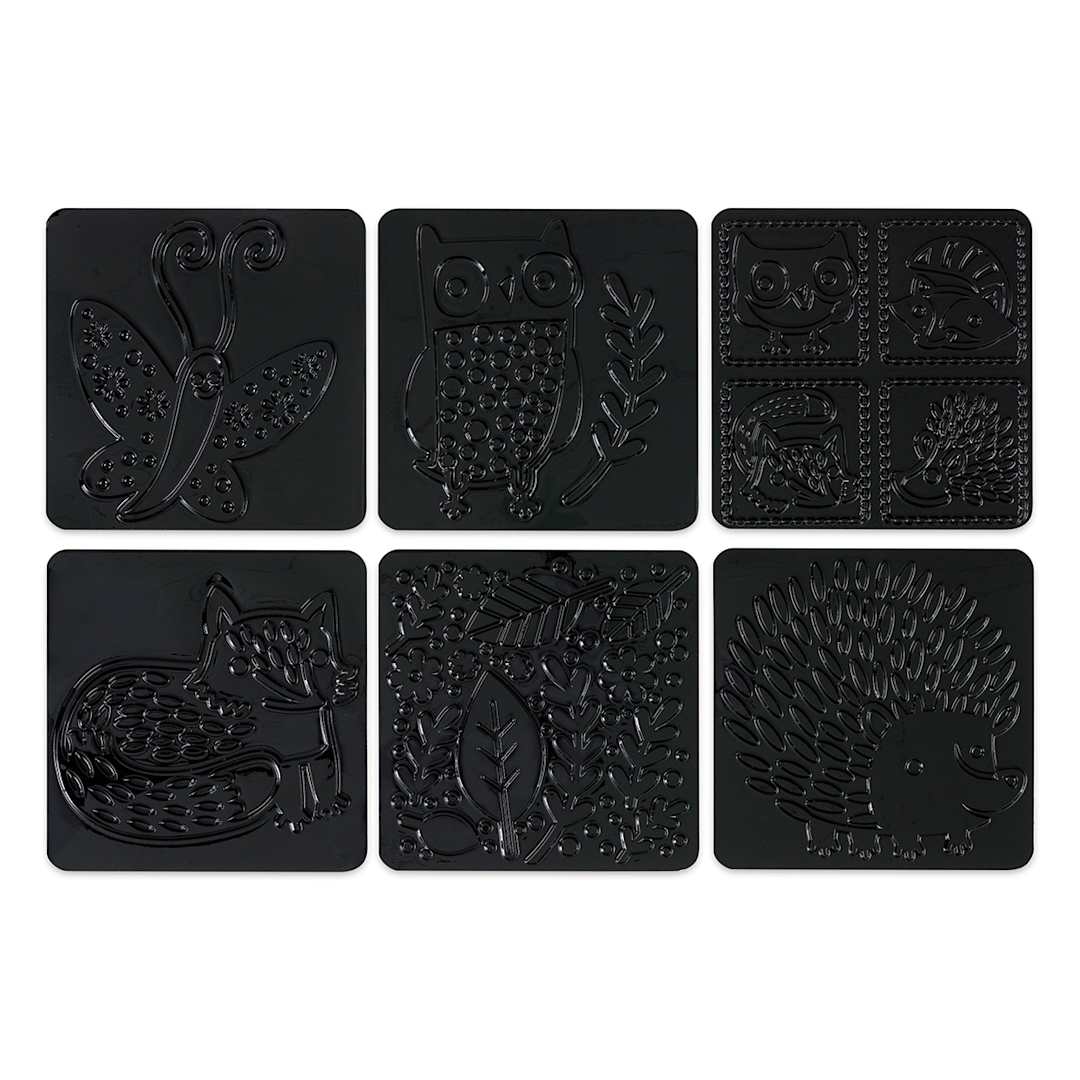 Open in modal - Cedar Canyon Rubbing Plates - Front view of 6 Forest and Friends design plates