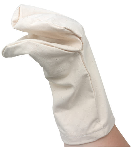 Open in modal - Creativity Street Canvas Hand Puppets - Undecorated Mouth Puppet shown on hand
