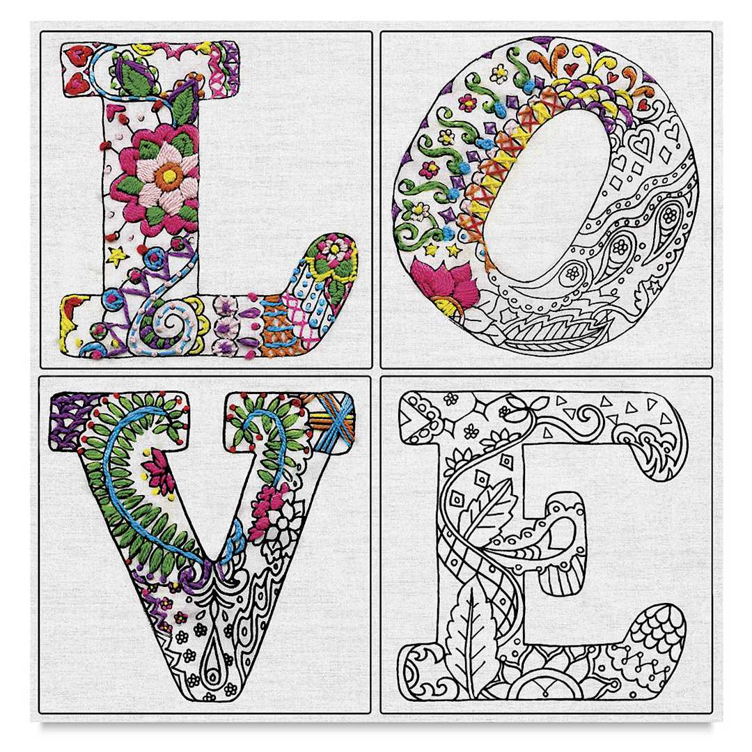 Open in modal - Zenbroidery Stamped Embroidery Kits - Love design fabric partially embroidered