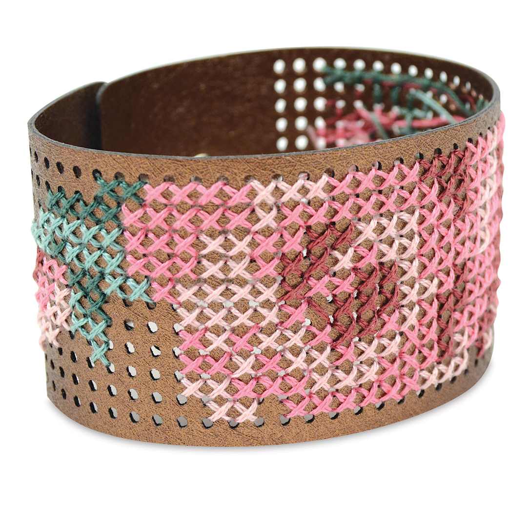 Open in modal - Cross Stitch Style Vegan Leather Bracelet Kit - Copper, 8-1/2'' x 1-1/2'' (Finished example.)