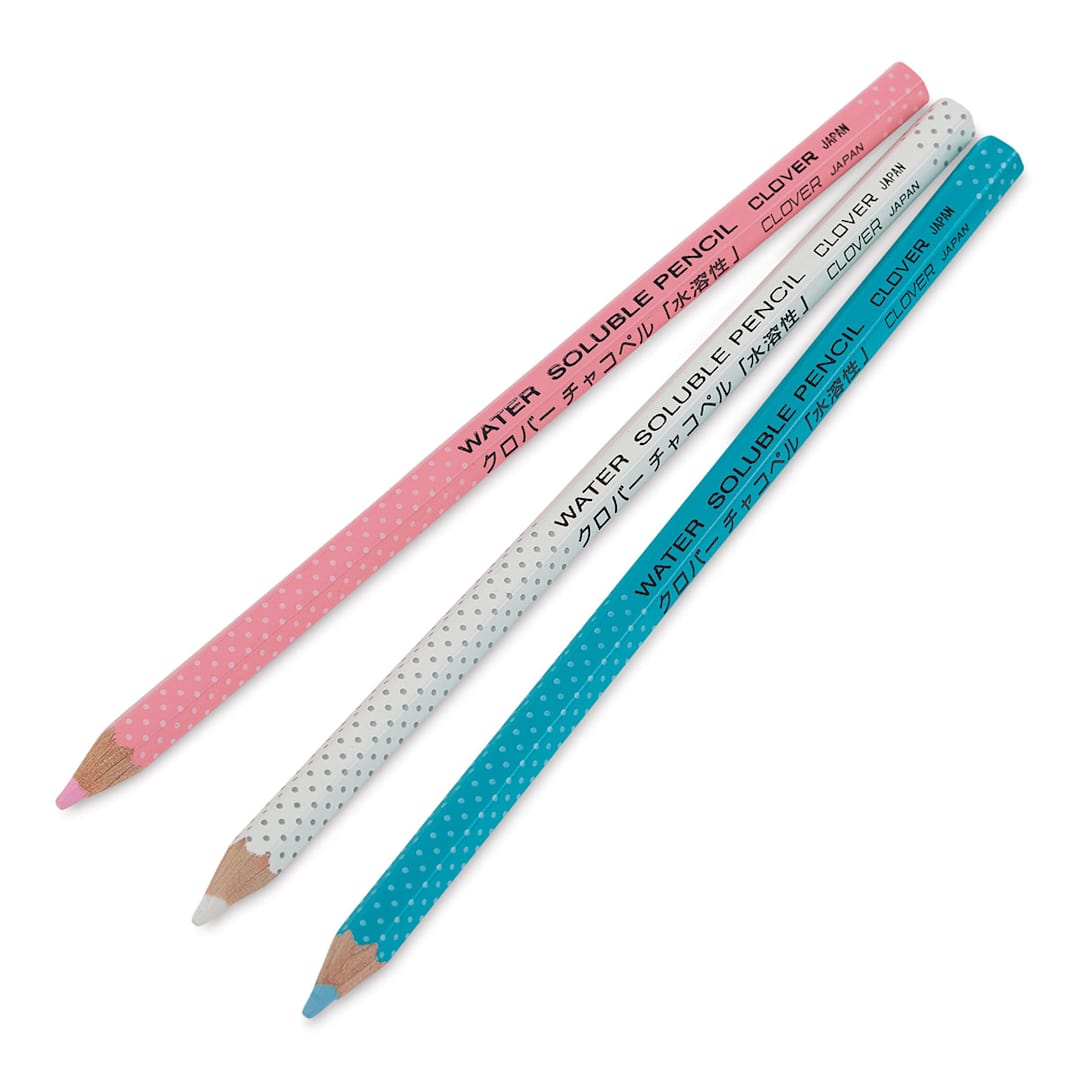 Open in modal - Clover Water Soluble Pencils - Pink, White, and Blue pencil at angle
